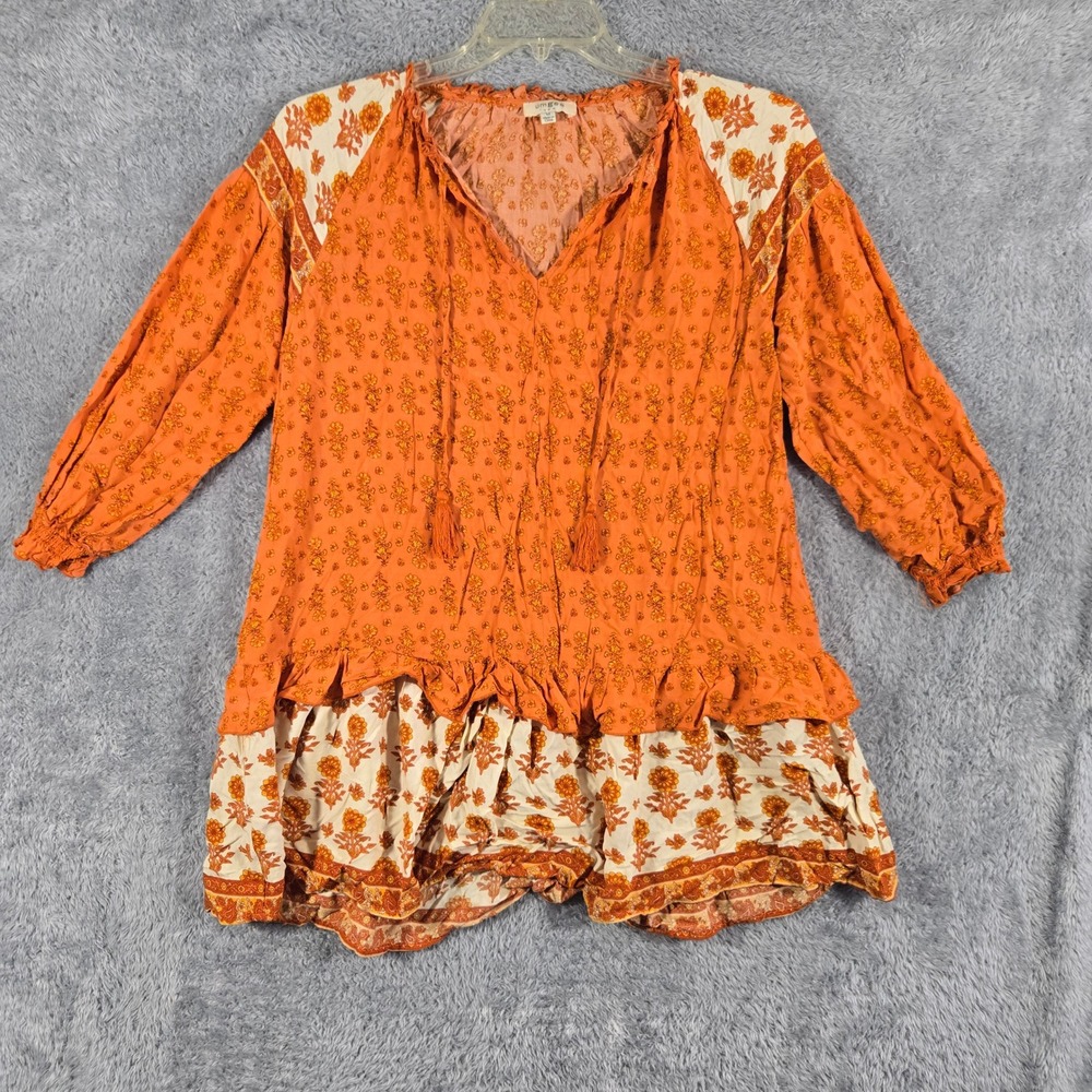 Umgee USA Orange Floral Boho Tunic Top Tassel Tie Babydoll C2500 Medium